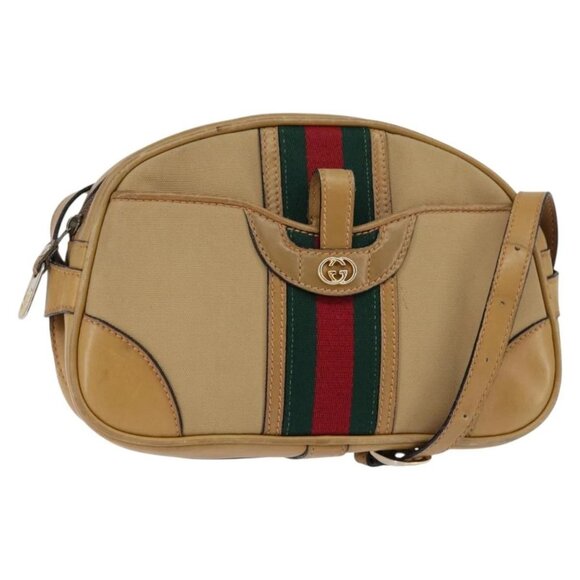 GUCCI Web Sherry Line Shoulder Bag Canvas Leather Beige Gold Auth BA5901 - Picture 1 of 16